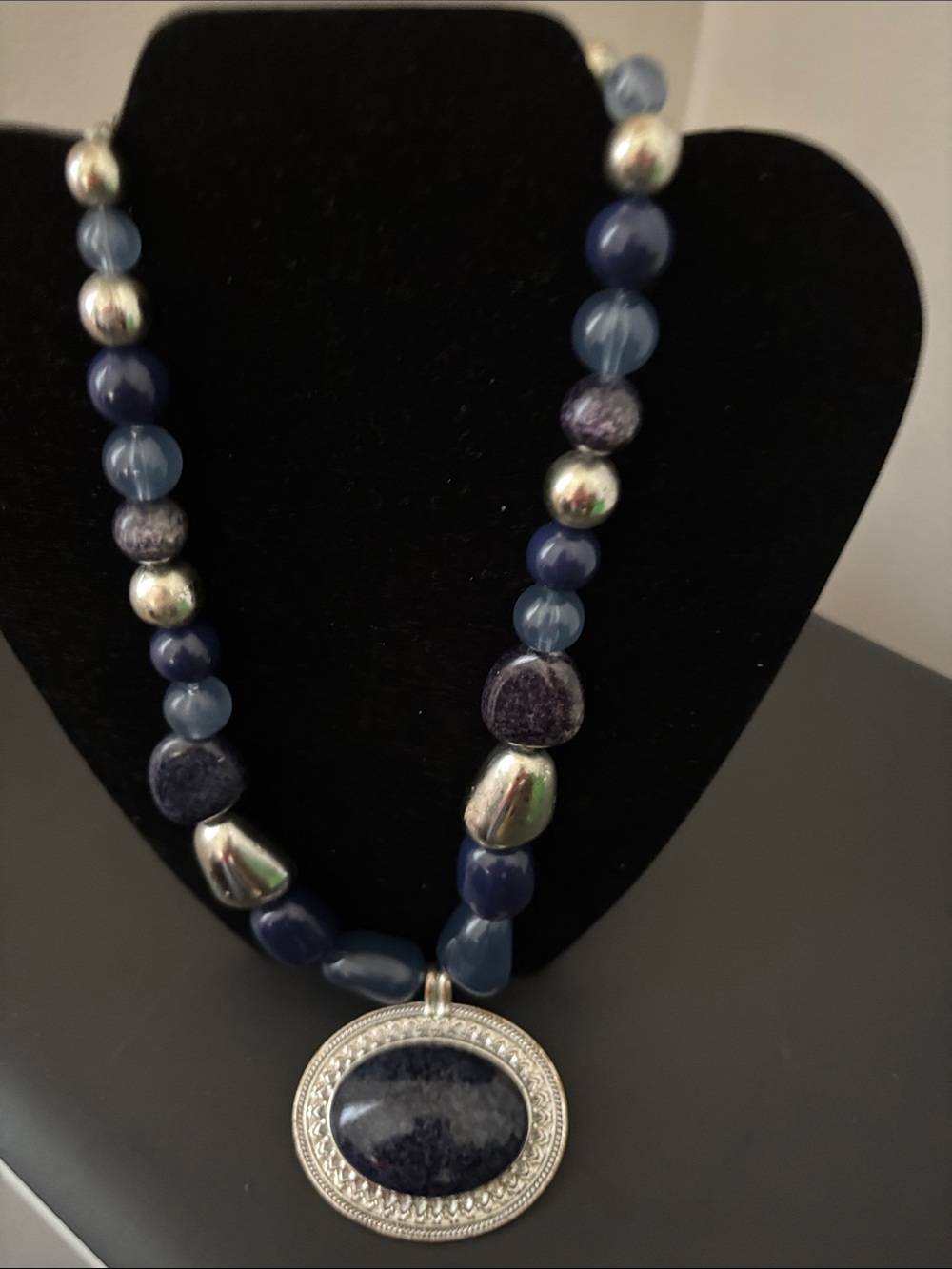 Blue Beaded Necklace with Silver Pendant - Brand